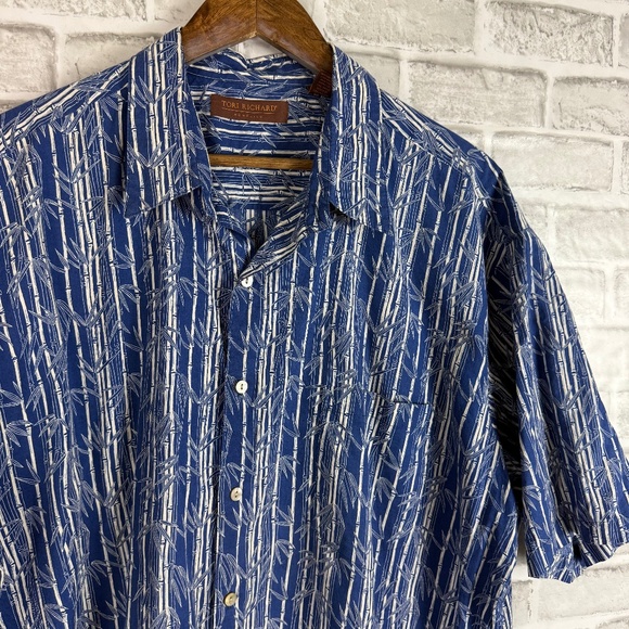 Tori Richard Hawaiian Cotton Lawn Cobalt Blue Bamboo Print Button Up Shirt 2XL - Picture 1 of 6